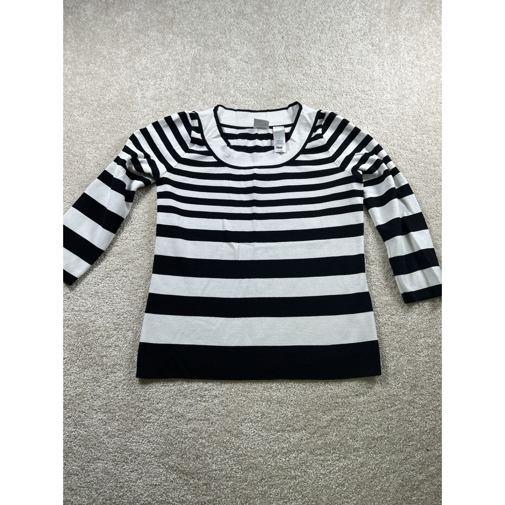 Emma James Sweater Womens M Black White Striped Boat Neck Coastal Old‎ Money